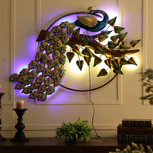Multicolor 6 Ft. Metal Peacock With LED Wall Art