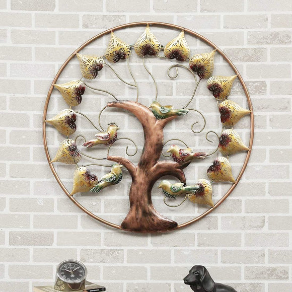 Metal Round Bird Tree Leaf Wall Art