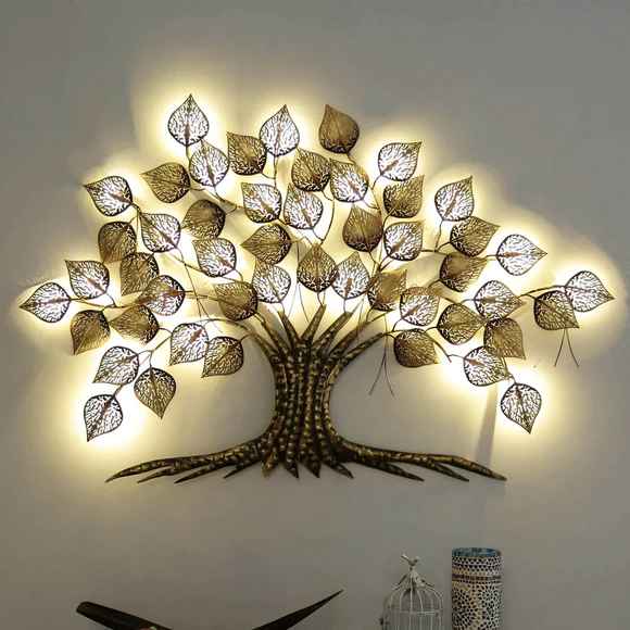 Metal Golden Decorative LED Paan Tree Wall Art