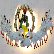 Lord Krishna Cow Back Light Spiritual Metallic Wall Art Panel Multicolor